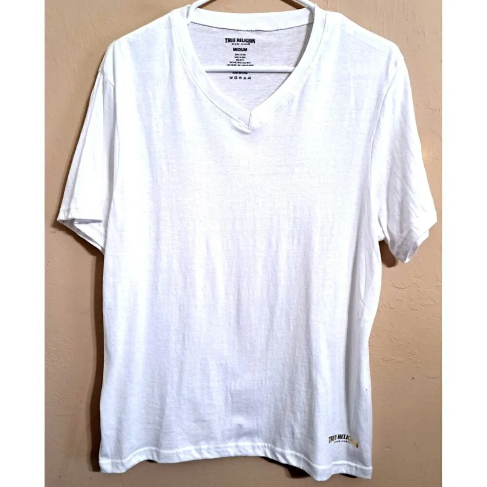 True Religion Men's M White Short Sleeve T-Shirt Gold Logo